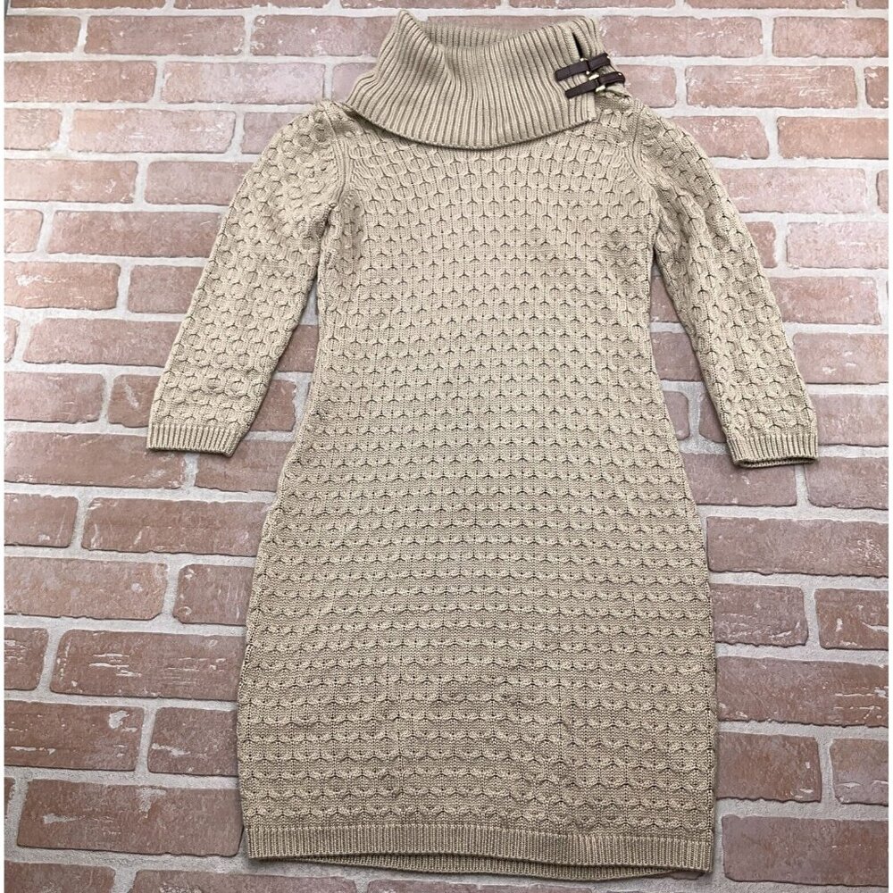 Calvin Klein Dress Women Small Light Brown Cowl Neck Buckle Acrylic Knit Sweater